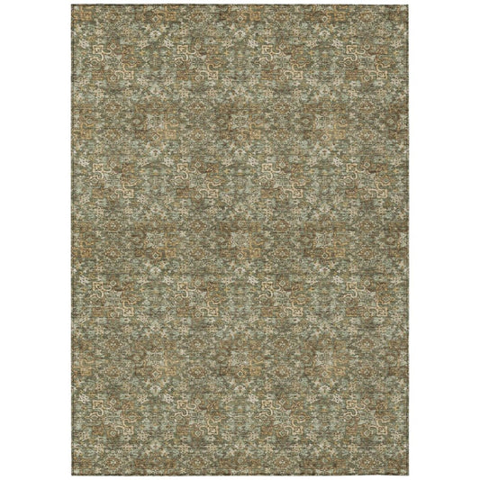 5' X 8' Olive Green And Green Damask Washable Indoor Outdoor Area Rug