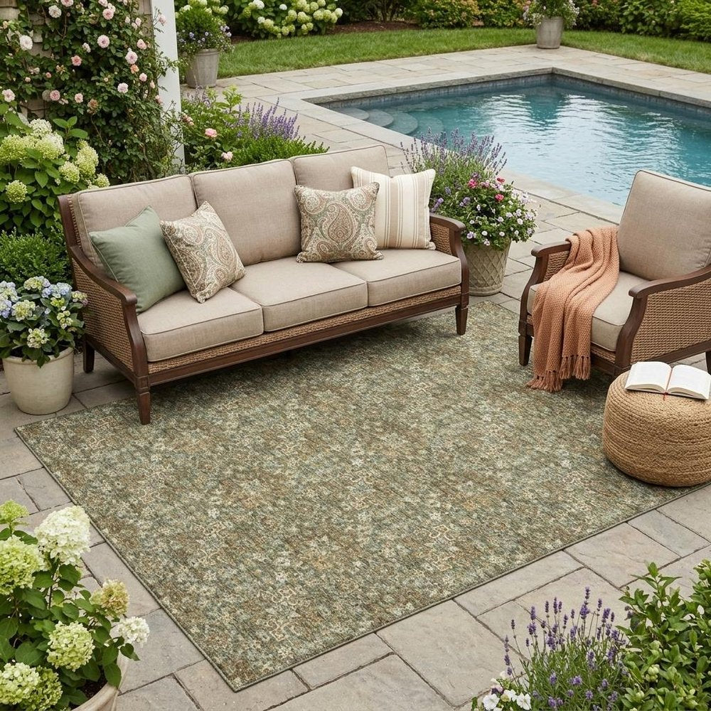 5' X 8' Olive Green And Green Damask Washable Indoor Outdoor Area Rug HomeRoots