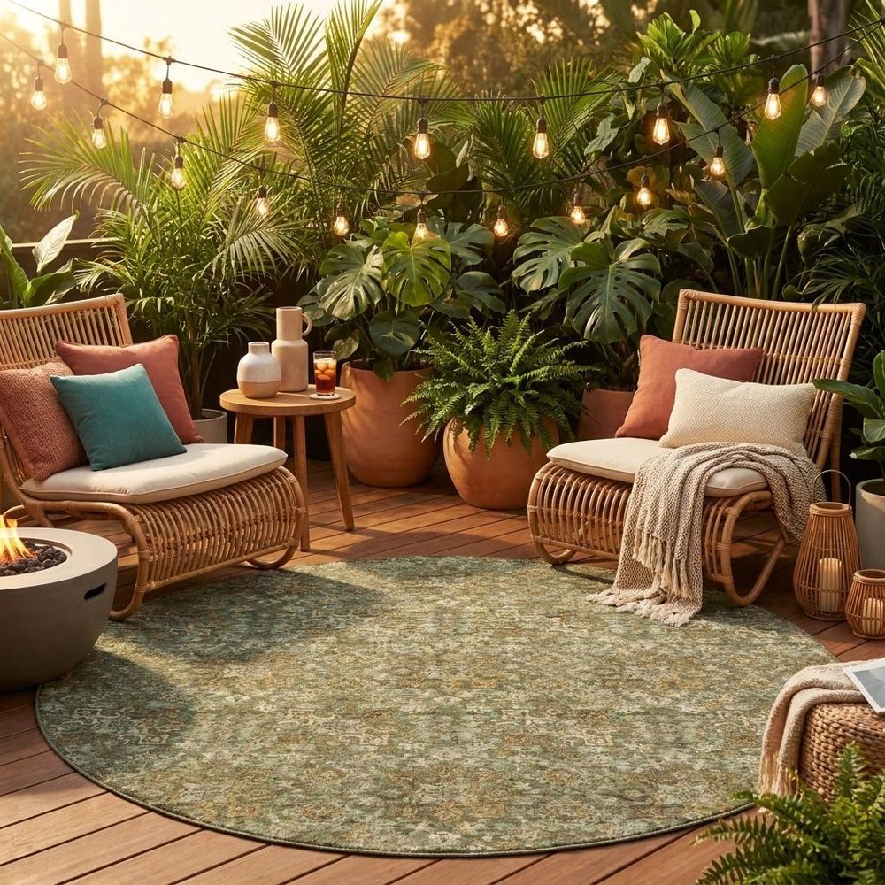 8' Olive Green And Green Round Damask Washable Indoor Outdoor Area Rug HomeRoots