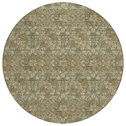 8' Olive Green And Green Round Damask Washable Indoor Outdoor Area Rug