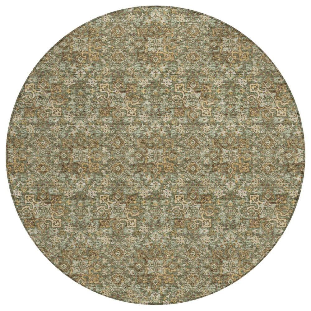 8' Olive Green And Green Round Damask Washable Indoor Outdoor Area Rug HomeRoots