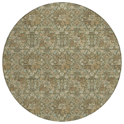 8' Olive Green And Green Round Damask Washable Indoor Outdoor Area Rug HomeRoots