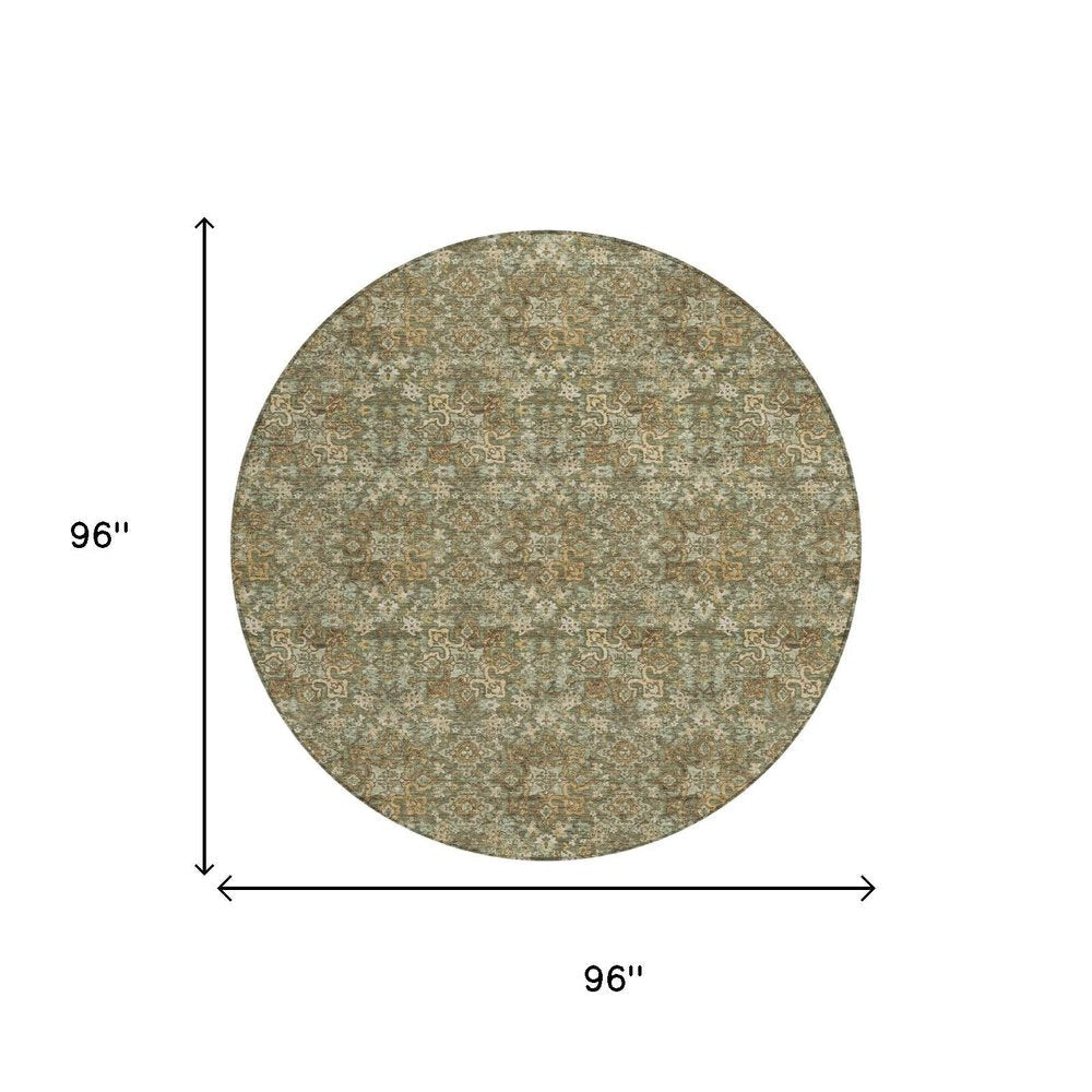 8' Olive Green And Green Round Damask Washable Indoor Outdoor Area Rug HomeRoots