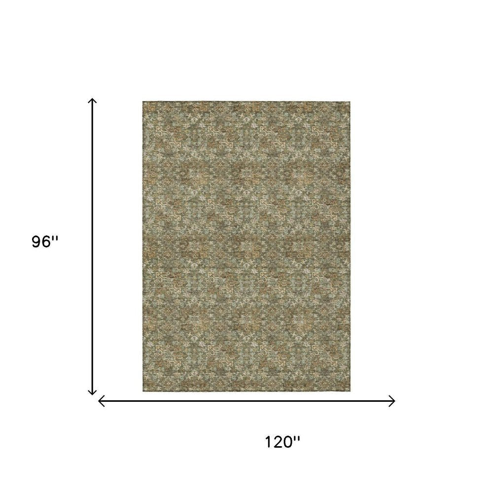 8' X 10' Olive Green And Green Damask Washable Indoor Outdoor Area Rug HomeRoots