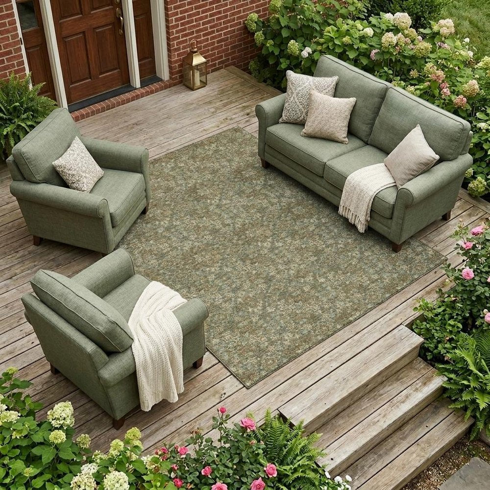8' X 10' Olive Green And Green Damask Washable Indoor Outdoor Area Rug — view 5