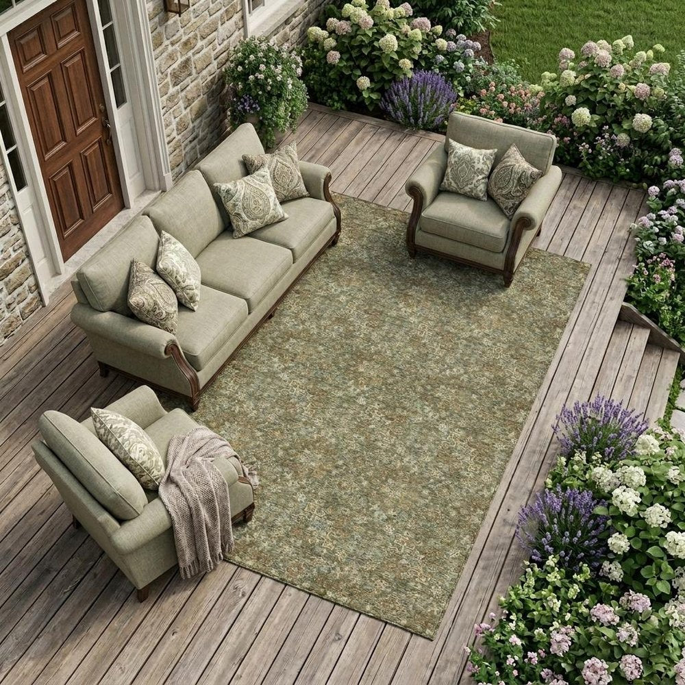 10' X 14' Olive Green And Green Damask Washable Indoor Outdoor Area Rug HomeRoots