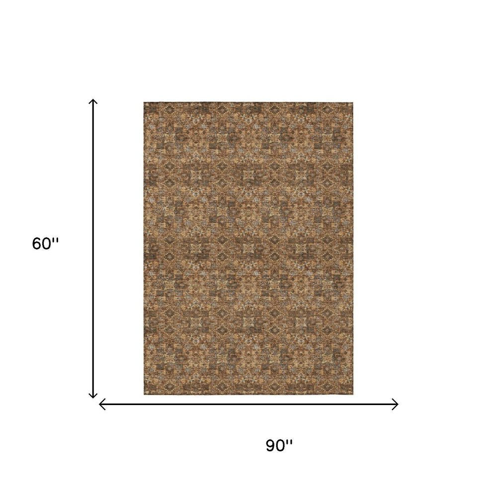 5' X 8' Orange And Brown Damask Washable Indoor Outdoor Area Rug — view 4