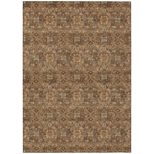 5' X 8' Orange And Brown Damask Washable Indoor Outdoor Area Rug