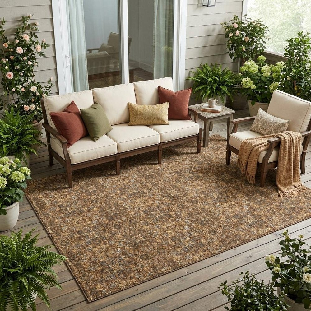 5' X 8' Orange And Brown Damask Washable Indoor Outdoor Area Rug — view 5