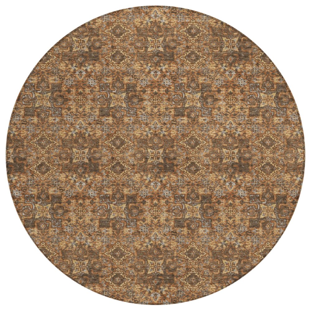 8' Orange And Brown Round Damask Washable Indoor Outdoor Area Rug — view 1