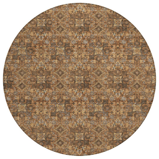 8' Orange And Brown Round Damask Washable Indoor Outdoor Area Rug