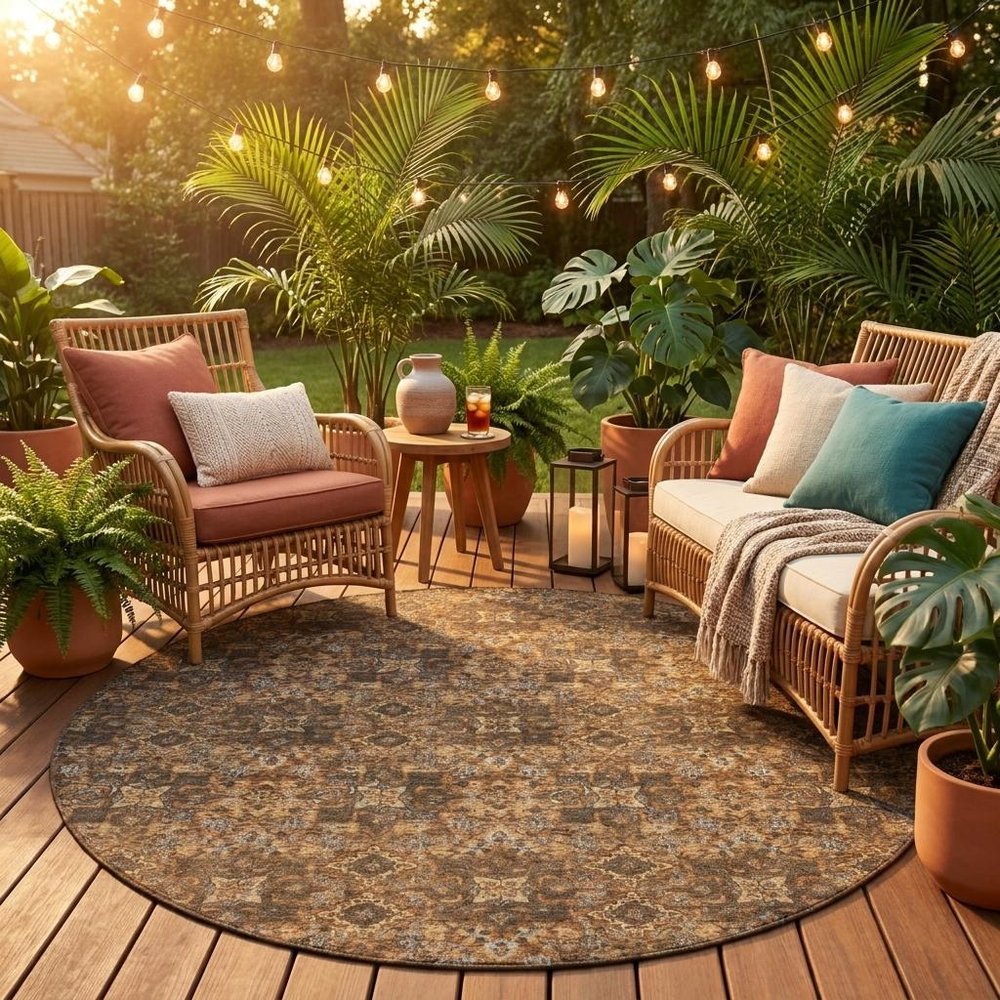 8' Orange And Brown Round Damask Washable Indoor Outdoor Area Rug HomeRoots