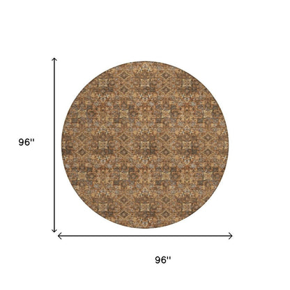 8' Orange And Brown Round Damask Washable Indoor Outdoor Area Rug HomeRoots