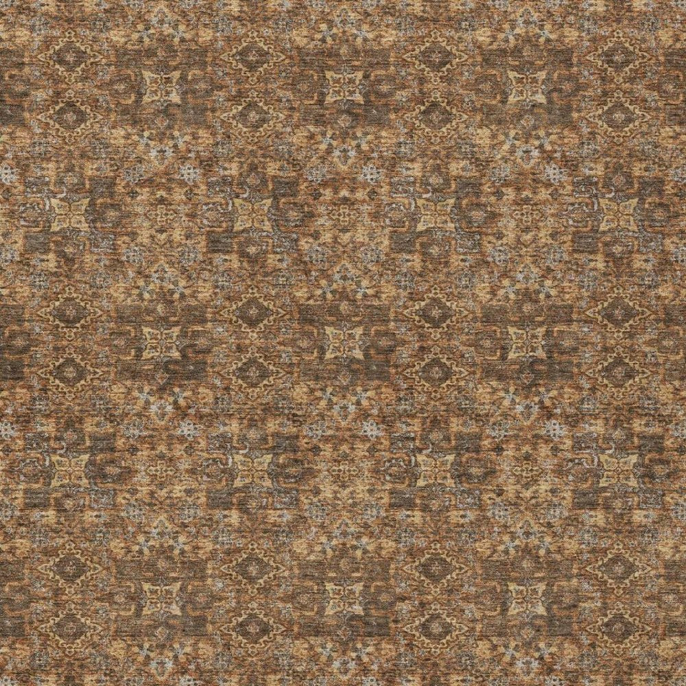 9' X 12' Orange And Brown Damask Washable Indoor Outdoor Area Rug