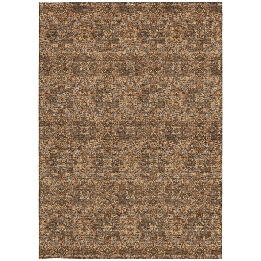 9' X 12' Orange And Brown Damask Washable Indoor Outdoor Area Rug