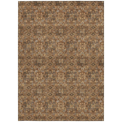 9' X 12' Orange And Brown Damask Washable Indoor Outdoor Area Rug
