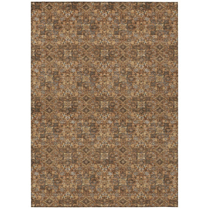 9' X 12' Orange And Brown Damask Washable Indoor Outdoor Area Rug