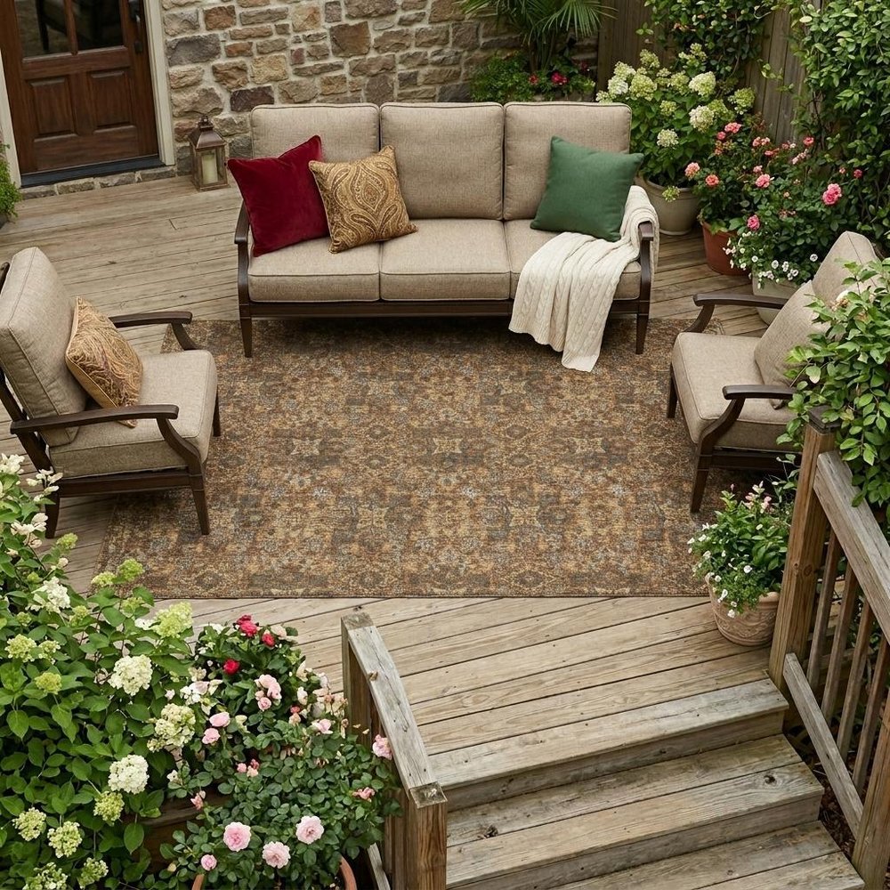 9' X 12' Orange And Brown Damask Washable Indoor Outdoor Area Rug HomeRoots