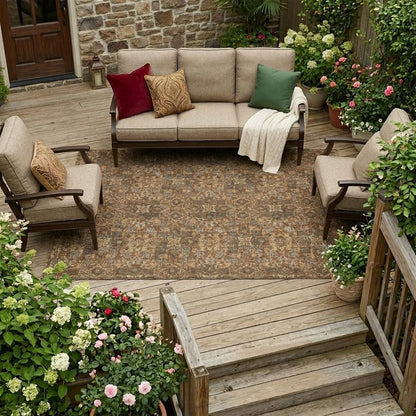 9' X 12' Orange And Brown Damask Washable Indoor Outdoor Area Rug HomeRoots