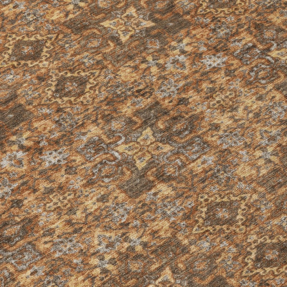 9' X 12' Orange And Brown Damask Washable Indoor Outdoor Area Rug