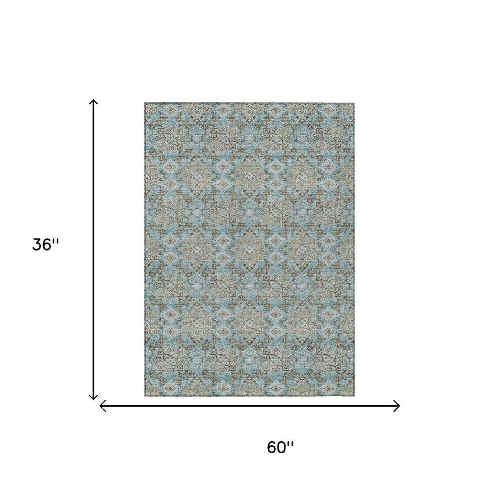 3' X 5' Teal Blue And Pewter Damask Washable Indoor Outdoor Area Rug — view 4