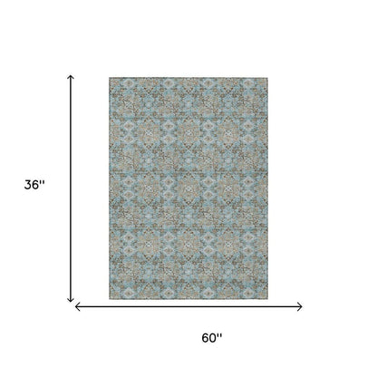 3' X 5' Teal Blue And Pewter Damask Washable Indoor Outdoor Area Rug HomeRoots