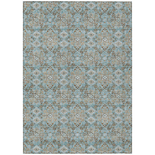 3' X 5' Teal Blue And Pewter Damask Washable Indoor Outdoor Area Rug