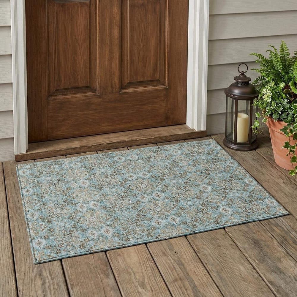 3' X 5' Teal Blue And Pewter Damask Washable Indoor Outdoor Area Rug — view 5
