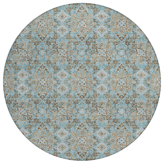 8' Teal Blue And Pewter Round Damask Washable Indoor Outdoor Area Rug
