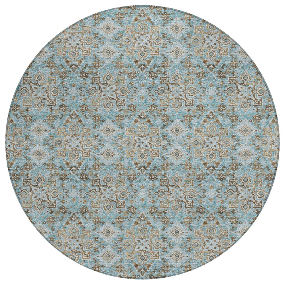 8' Teal Blue And Pewter Round Damask Washable Indoor Outdoor Area Rug HomeRoots
