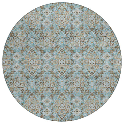 8' Teal Blue And Pewter Round Damask Washable Indoor Outdoor Area Rug HomeRoots