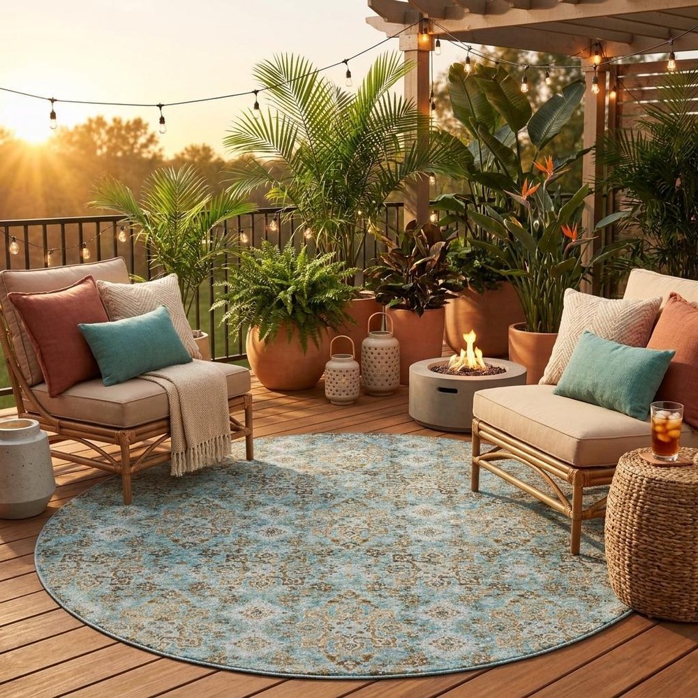 8' Teal Blue And Pewter Round Damask Washable Indoor Outdoor Area Rug — view 5