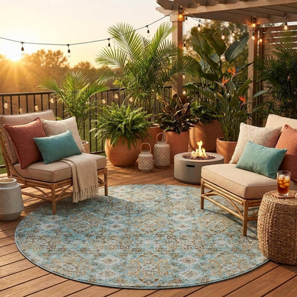 8' Teal Blue And Pewter Round Damask Washable Indoor Outdoor Area Rug HomeRoots