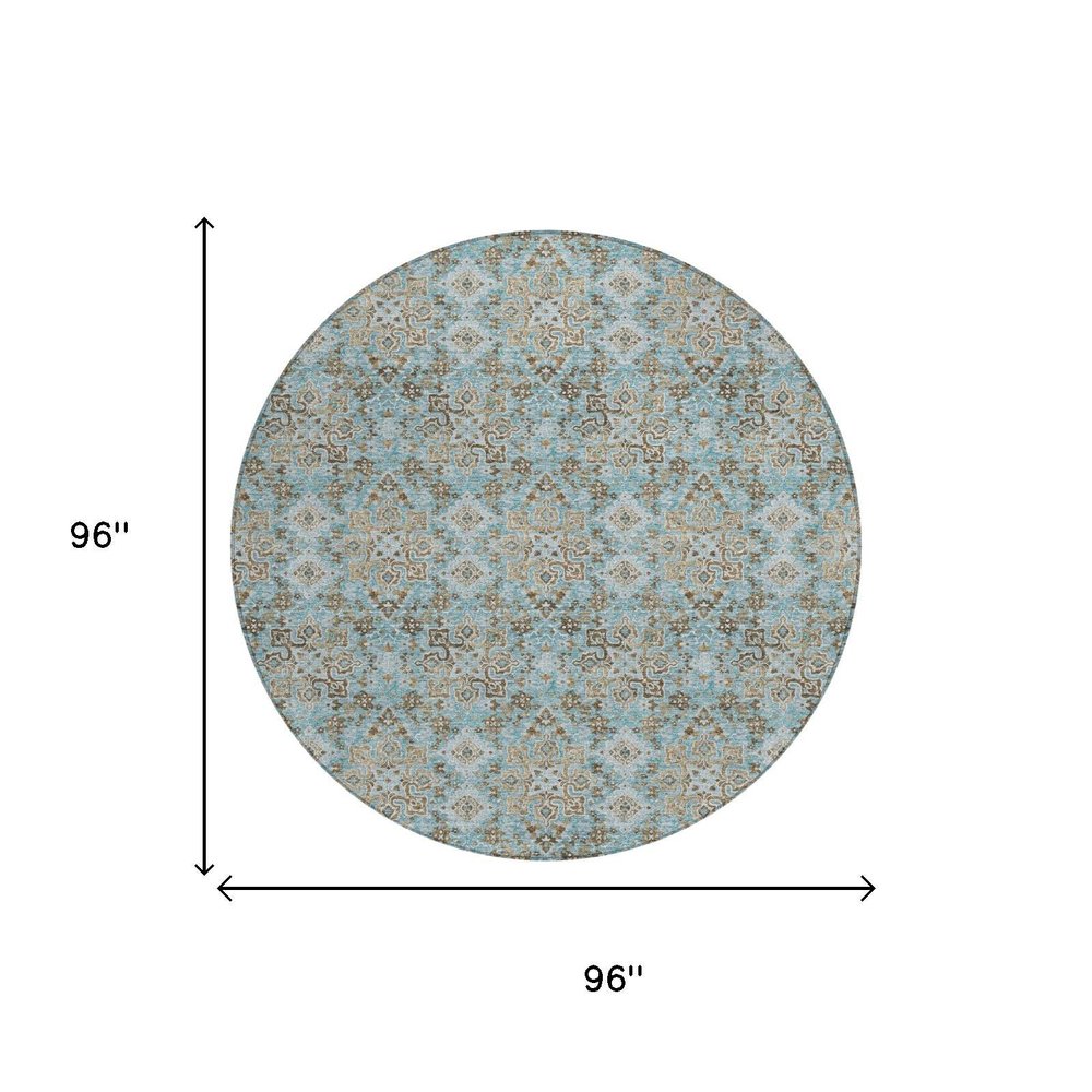8' Teal Blue And Pewter Round Damask Washable Indoor Outdoor Area Rug — view 4