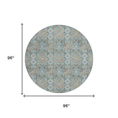 8' Teal Blue And Pewter Round Damask Washable Indoor Outdoor Area Rug HomeRoots