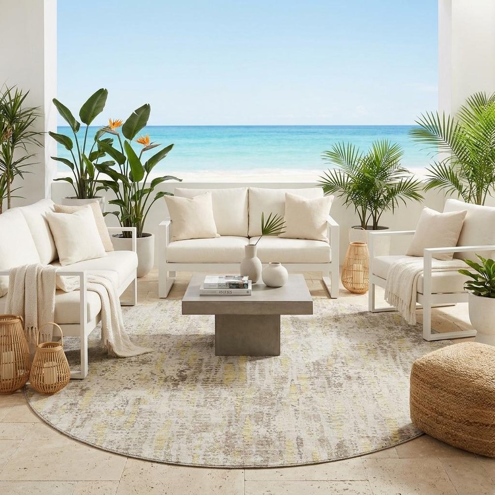 8' Ivory And Silver Round Abstract Washable Indoor Outdoor Area Rug — view 5
