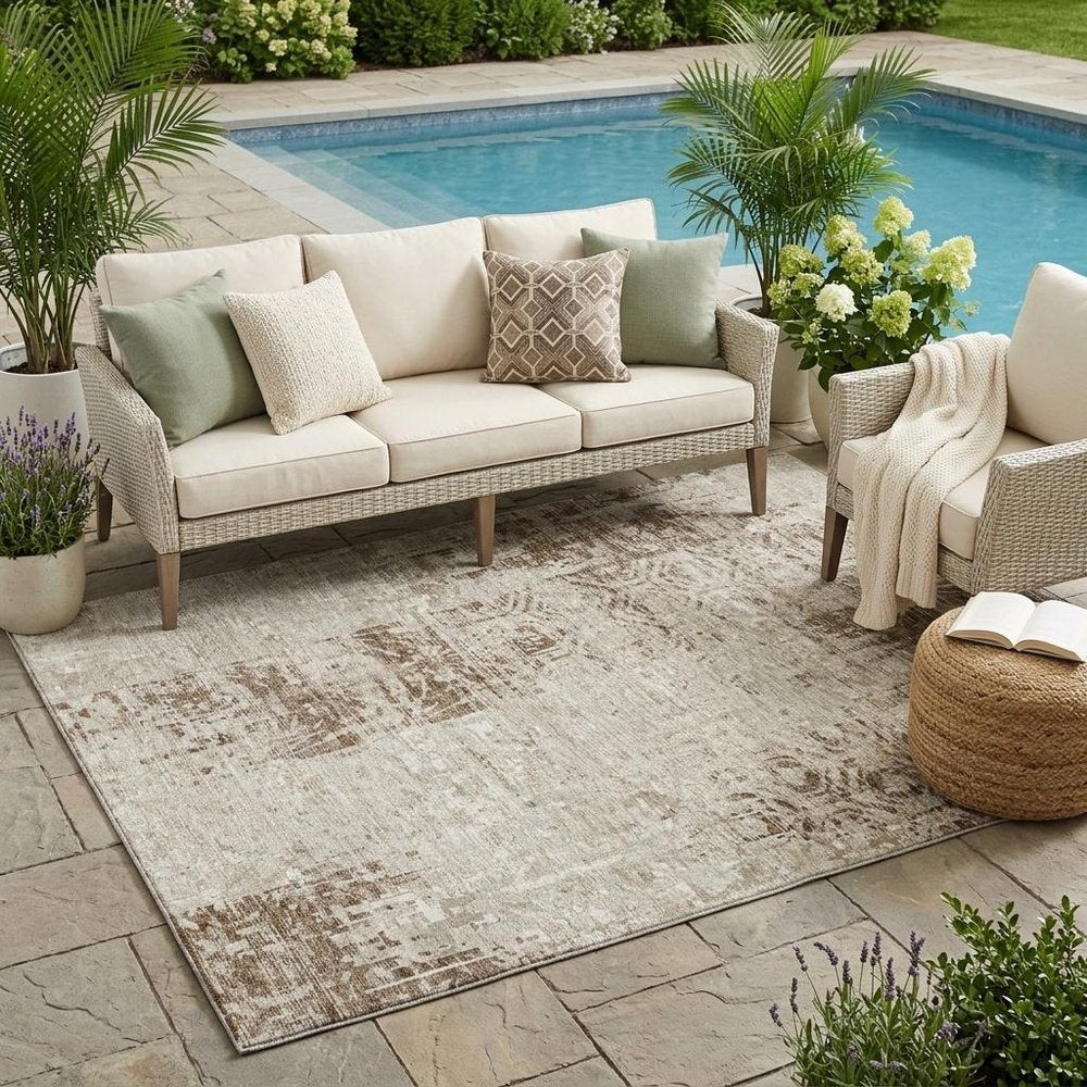 5' X 8' Beige And Brown Abstract Washable Indoor Outdoor Area Rug — view 6