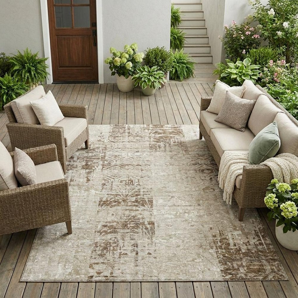 9' X 12' Beige And Brown Abstract Washable Indoor Outdoor Area Rug HomeRoots
