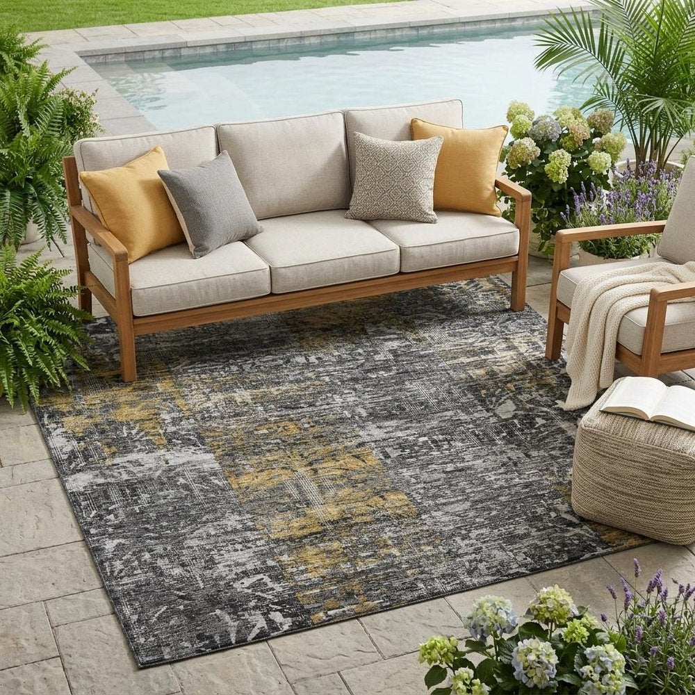 5' X 8' Black And Gray Abstract Washable Indoor Outdoor Area Rug — view 5