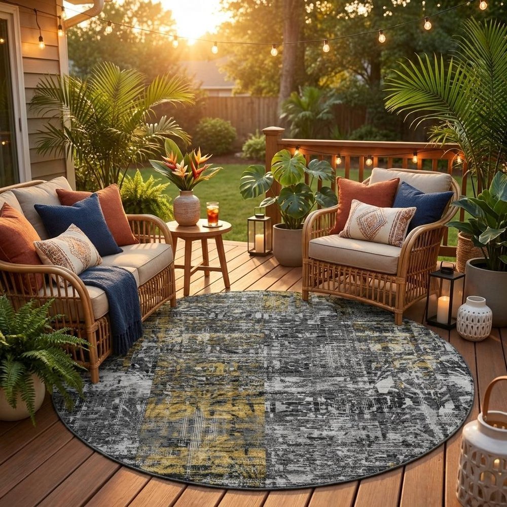 8' Black And Gray Round Abstract Washable Indoor Outdoor Area Rug — view 5