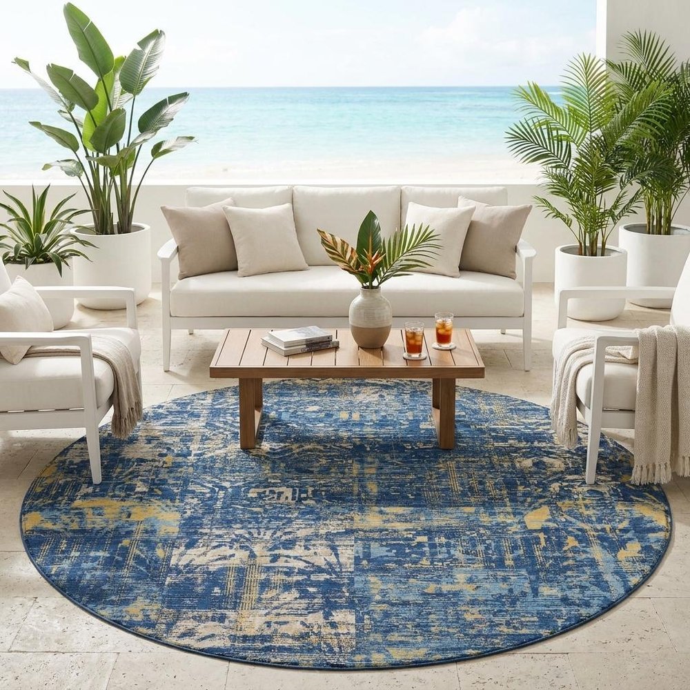 8' Navy Blue And Blue Round Abstract Washable Indoor Outdoor Area Rug HomeRoots
