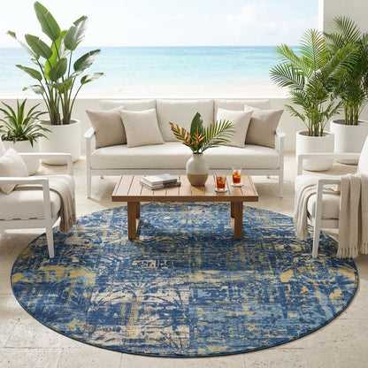 8' Navy Blue And Blue Round Abstract Washable Indoor Outdoor Area Rug HomeRoots