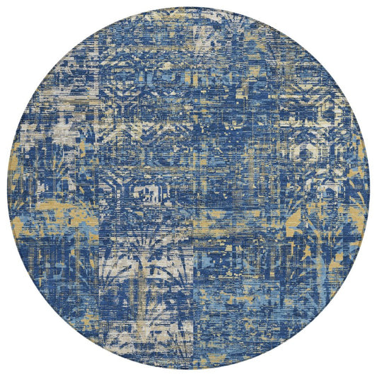 8' Navy Blue And Blue Round Abstract Washable Indoor Outdoor Area Rug