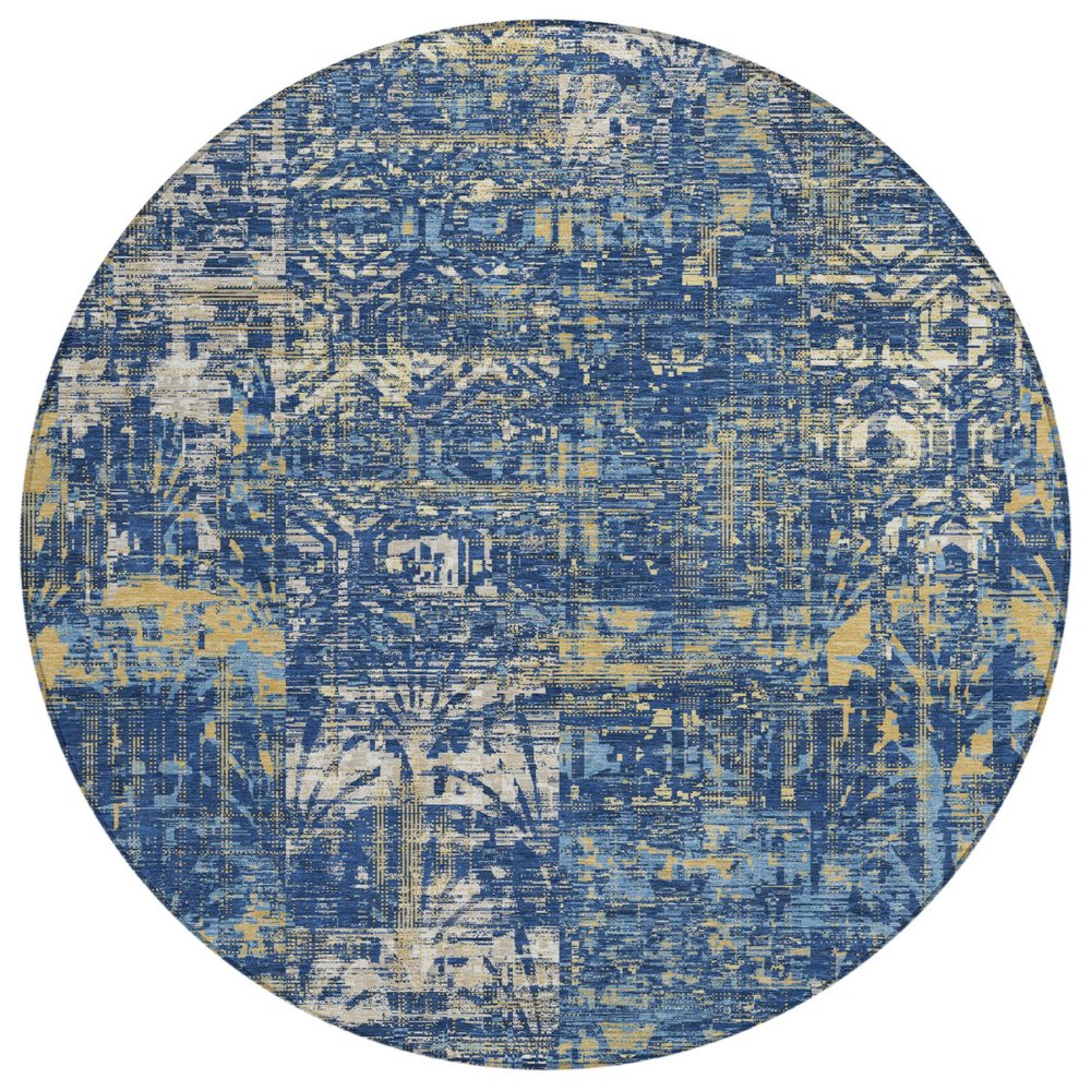 8' Navy Blue And Blue Round Abstract Washable Indoor Outdoor Area Rug HomeRoots