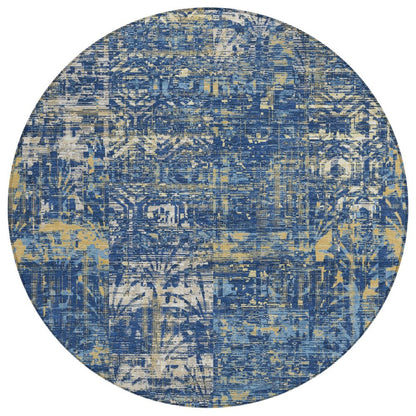 8' Navy Blue And Blue Round Abstract Washable Indoor Outdoor Area Rug HomeRoots