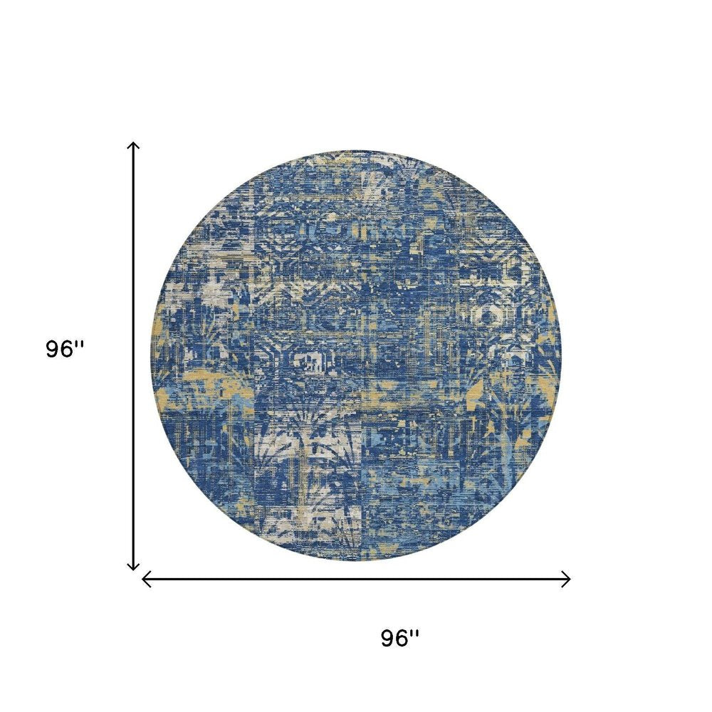 8' Navy Blue And Blue Round Abstract Washable Indoor Outdoor Area Rug — view 4