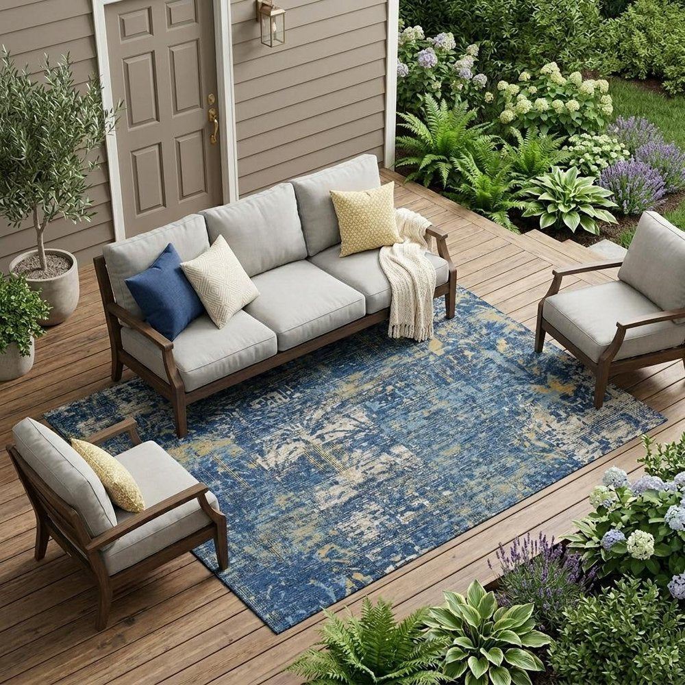 8' X 10' Navy Blue And Blue Abstract Washable Indoor Outdoor Area Rug — view 10
