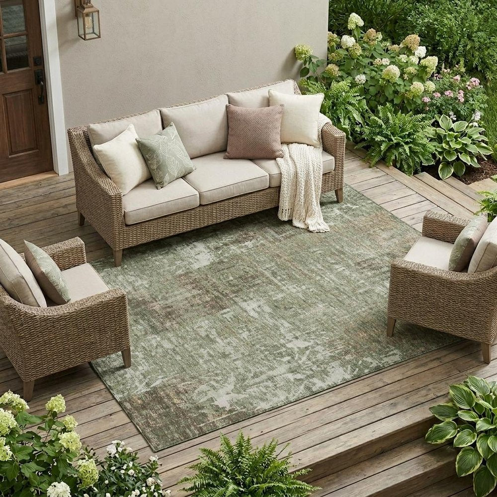 10' X 14' Olive Green And Green Abstract Washable Indoor Outdoor Area Rug — view 5