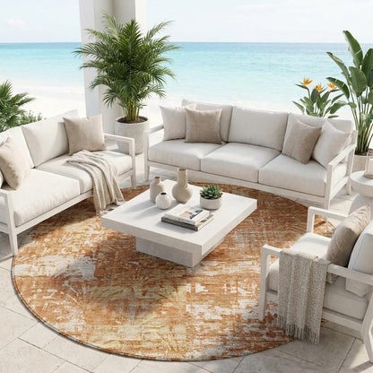 8' Orange And Beige Round Abstract Washable Indoor Outdoor Area Rug HomeRoots