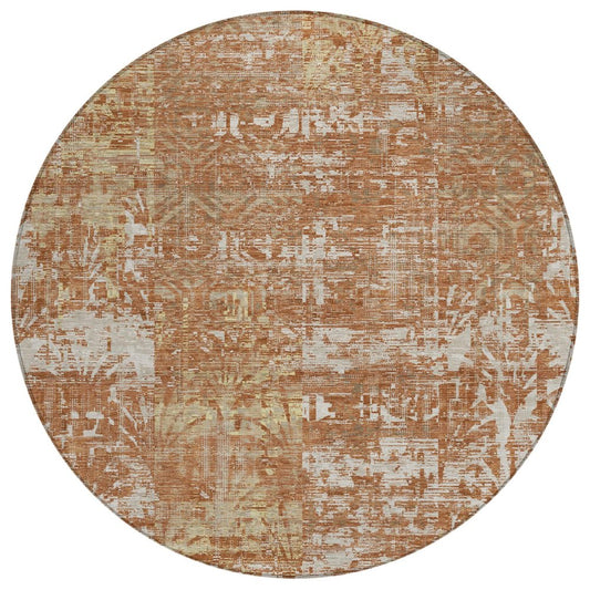 8' Orange And Beige Round Abstract Washable Indoor Outdoor Area Rug